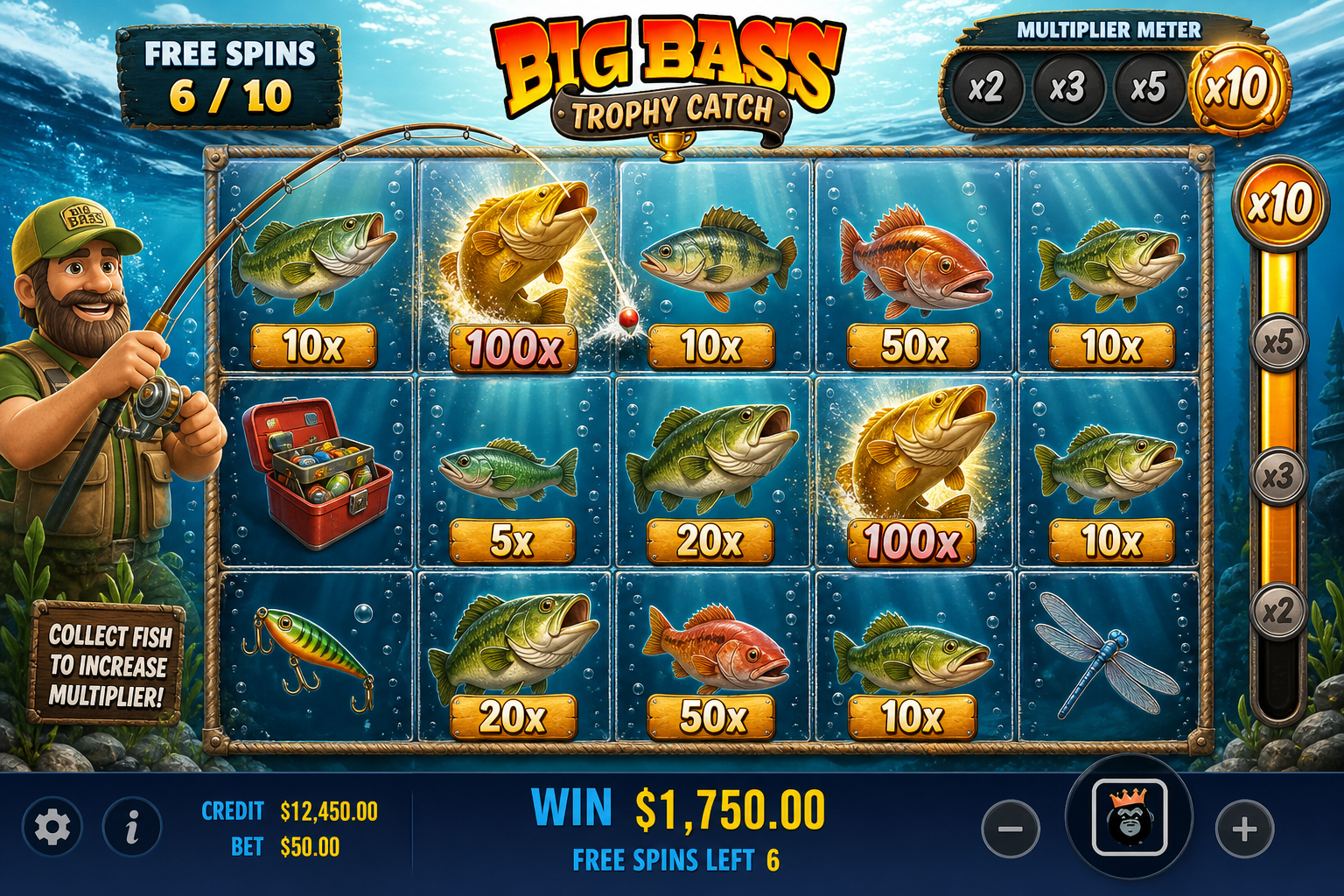 Big Bass Trophy Catch free spins bonus round with fisherman collecting fish symbols
