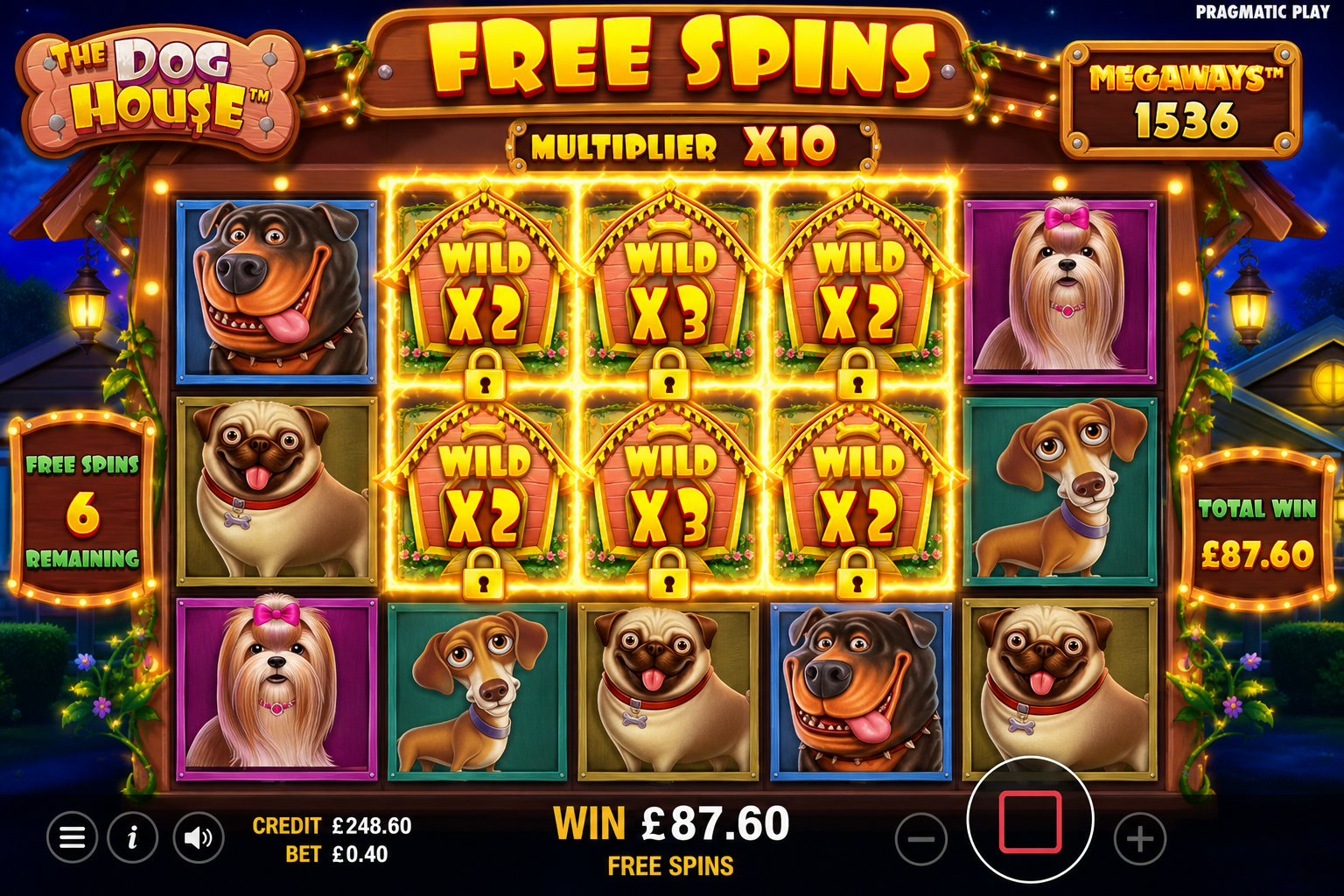 The Dog House free spins bonus round with sticky wild multipliers